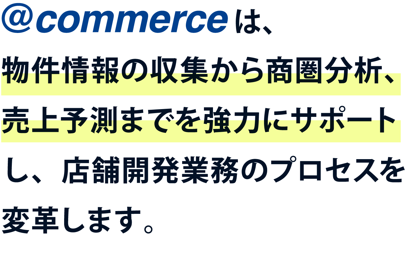 @commerceは、物件情報の収集から商圏分析、売上予測までを強力にサポートし、店舗開発業務のプロセスを変革します。